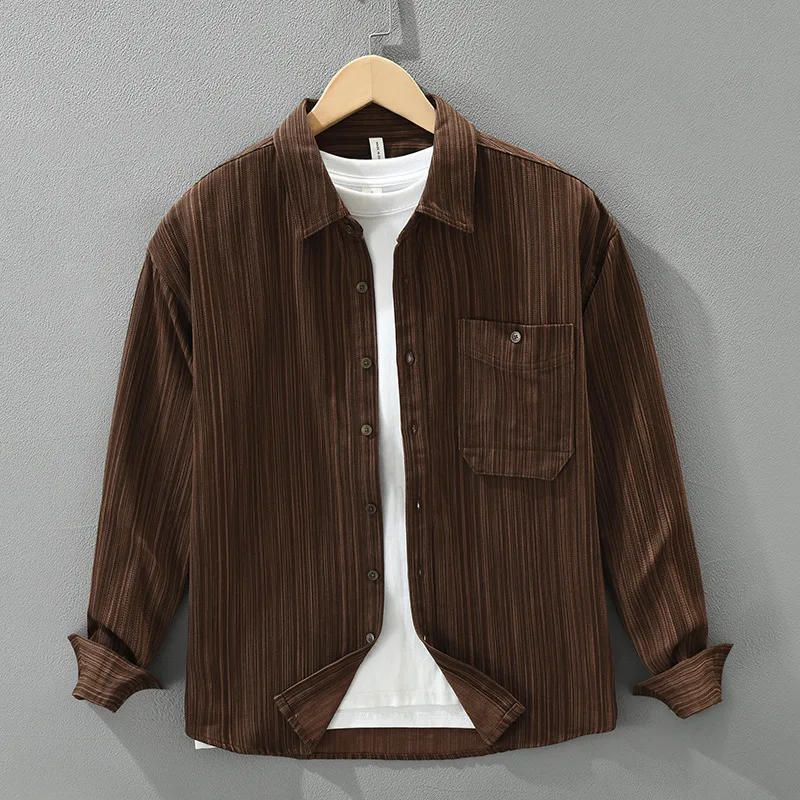 

Мужская рубашка с длинным рукавом в уличном стиле, новые японские рубашки, мужская полосатая рубашка с карманами и лацканами, весна-осень, повседневная повседневная рубашка-куртка
