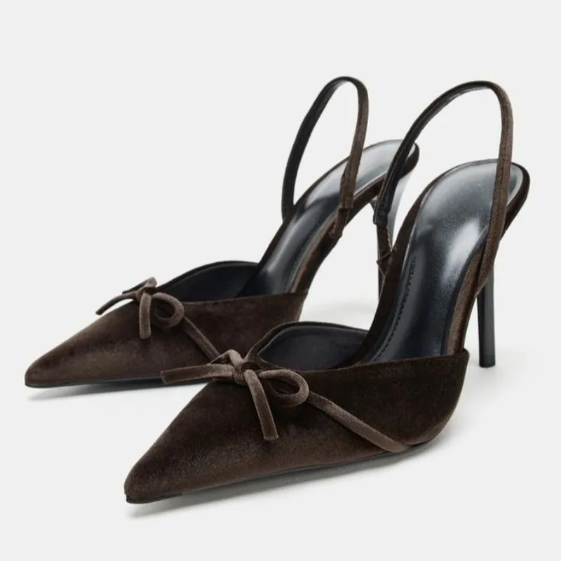 مثير أشار تو القوس عالية الكعب النساء موضة Slingback كعب رقيقة أحذية مصممين عالية الجودة فستان ستان أحذية Zapatos De Mujer