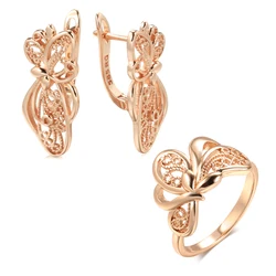 Kinel Lucky Hollow Flowers Earrings Rings 585 Rose Gold Ethnic Bride Wedding Jewelry Sets Fashion 2022 Women Party Usual Ring