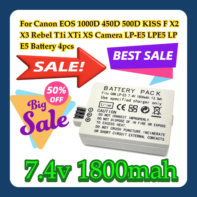 

For Canon EOS 1000D 450D 500D KISS F X2 X3 Rebel T1i XTi XS Camera LP-E5 LPE5 LP E5 Battery 4pcs