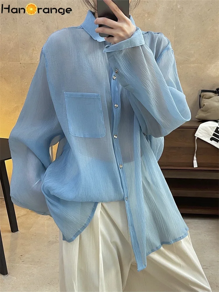 HanOrange 2024 Summer Gentle Hazy Lazy Folded Lapel Shirt Women Loose Thin Light Casual Top Female Light Blue