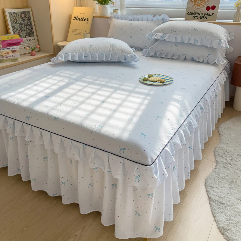 1pc Bowknot Printed Bed Skirt with Ruffles Queen/King Size Simple Style Bedsheet with Skirts Skin-friendly Bed Skirt 침대스커트