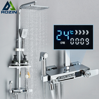 Chrome Thermostatic Shower Faucet Set Digital Display Rainfall Bathroom Shower System Wall 4 Way Bidet Bath Tub Spout Mixer Tap