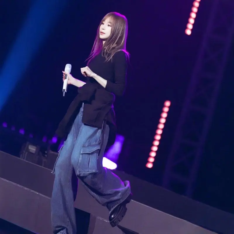 جينز نسائي فضفاض عالي الخصر وواسع الساق ملابس عمل أمريكية Sle ريترو مع كيتس للسيدات كاجوال من قماش الدنيم الأزرق من قماش البولي يوريثان #4