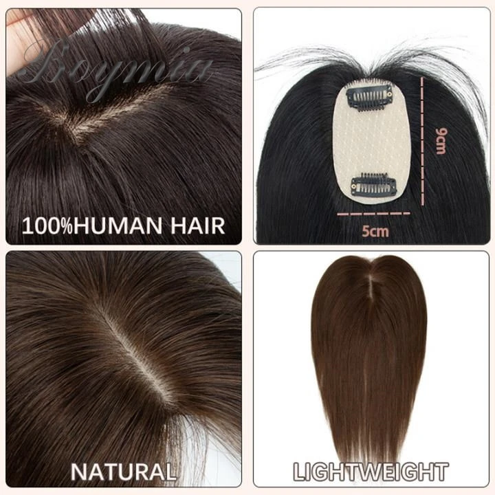 ヘアピース 2クリップ付き 透明レース 人毛ヘアピース 女性用 ナチュラルな髪の毛 薄毛用 ワンピースヘアピース 5x9cm