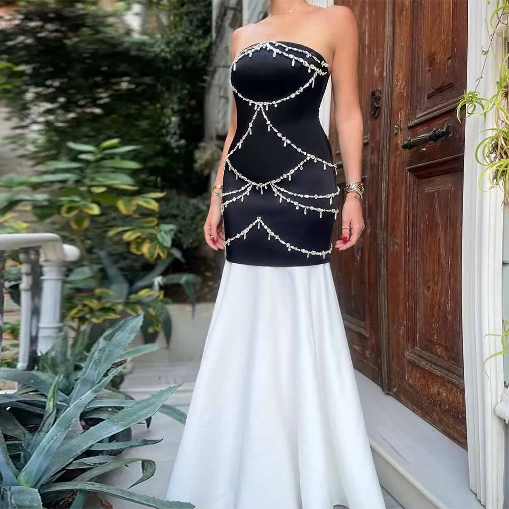 Fashion Wedding Guest Woman Dresses Satin Mermaid Wedding Party Dresses Black and White Strapless Rhinestones Wedding Dress Long