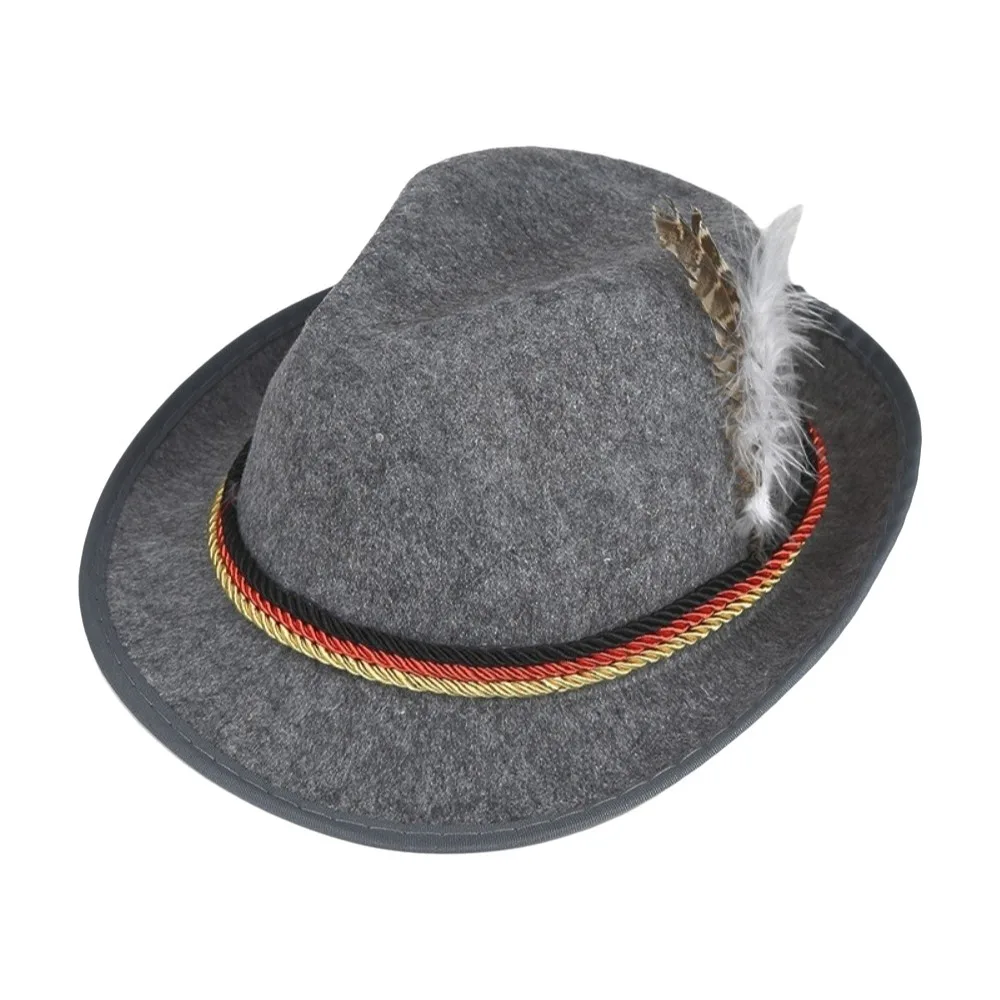 Classic Bavarian Feather Hat Decorative Side Cord Structured Brim Fedora Hat Dress Up Western Jazz Cap Halloween Party