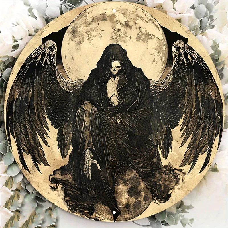 

Dark Angel Wings Metal Sign - 8x8 Inch Round Aluminum Wall Decor with HD Printing, Perfect for Door Hanger or Wreath Decoration
