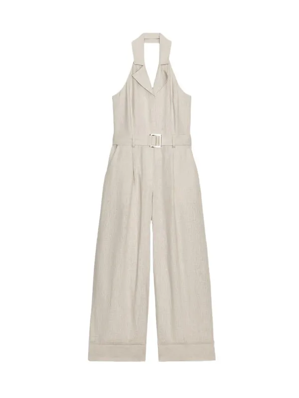 Tuta casual in lino misto lana con cintura Simple Faion Donna Autunno New Sle Vita alta Un pezzo Dr senza Sves