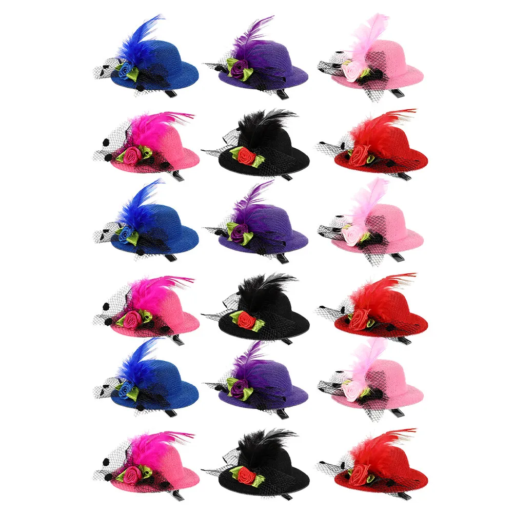 

18pcs Mini Hat Hair Clips Faux Plume Tiny Barrettes For Women Girls Summer Party Wedding Carnival Beach Photography Hair