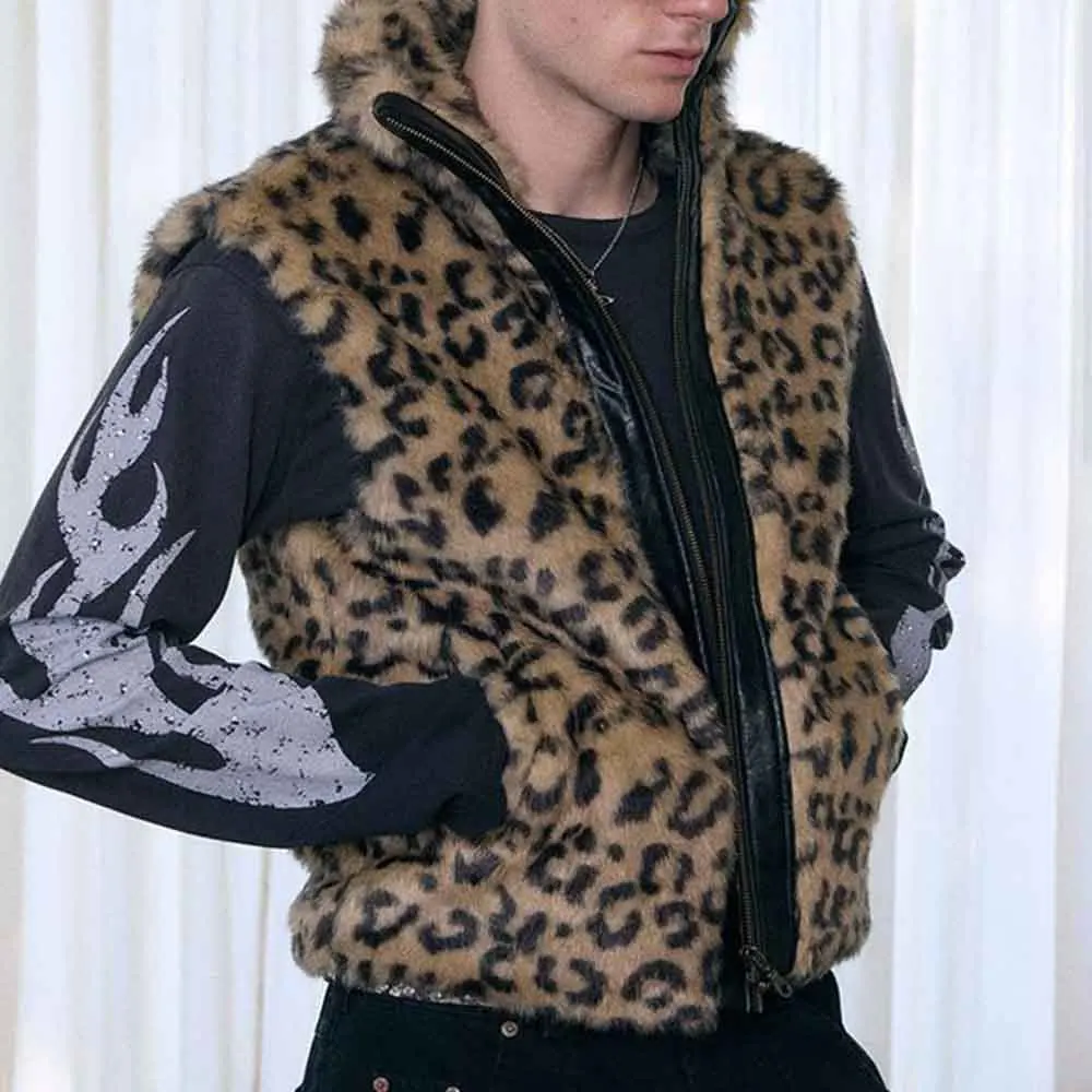 

Осенний новый мужской жилет без рукавов с леопардовым принтом и длинными рукавами, американский ретро-модный тренд, уличные повседневные свободные мужские топы