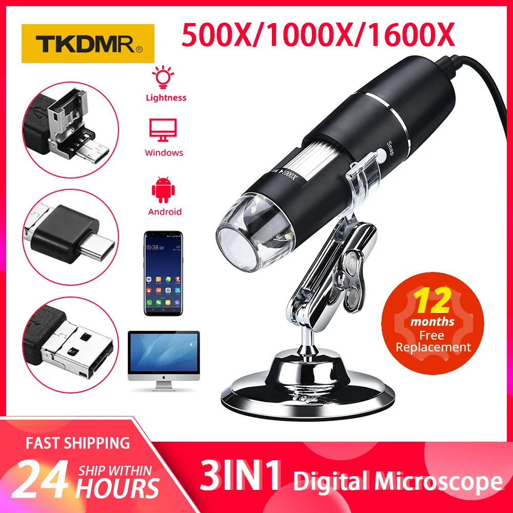 1600X Digital Microscope 3in1 USB Type-C Portable Electronic Microscope Adjustable for Phone Repair for Soldering LED Magnifier