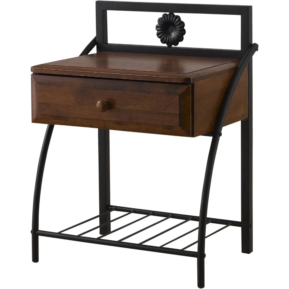 

Dark Bronze Home Furniture Vintage Antique Metal & Walnut Wood 1 Drawer Nightstand Medium Bedroom Bedside Table