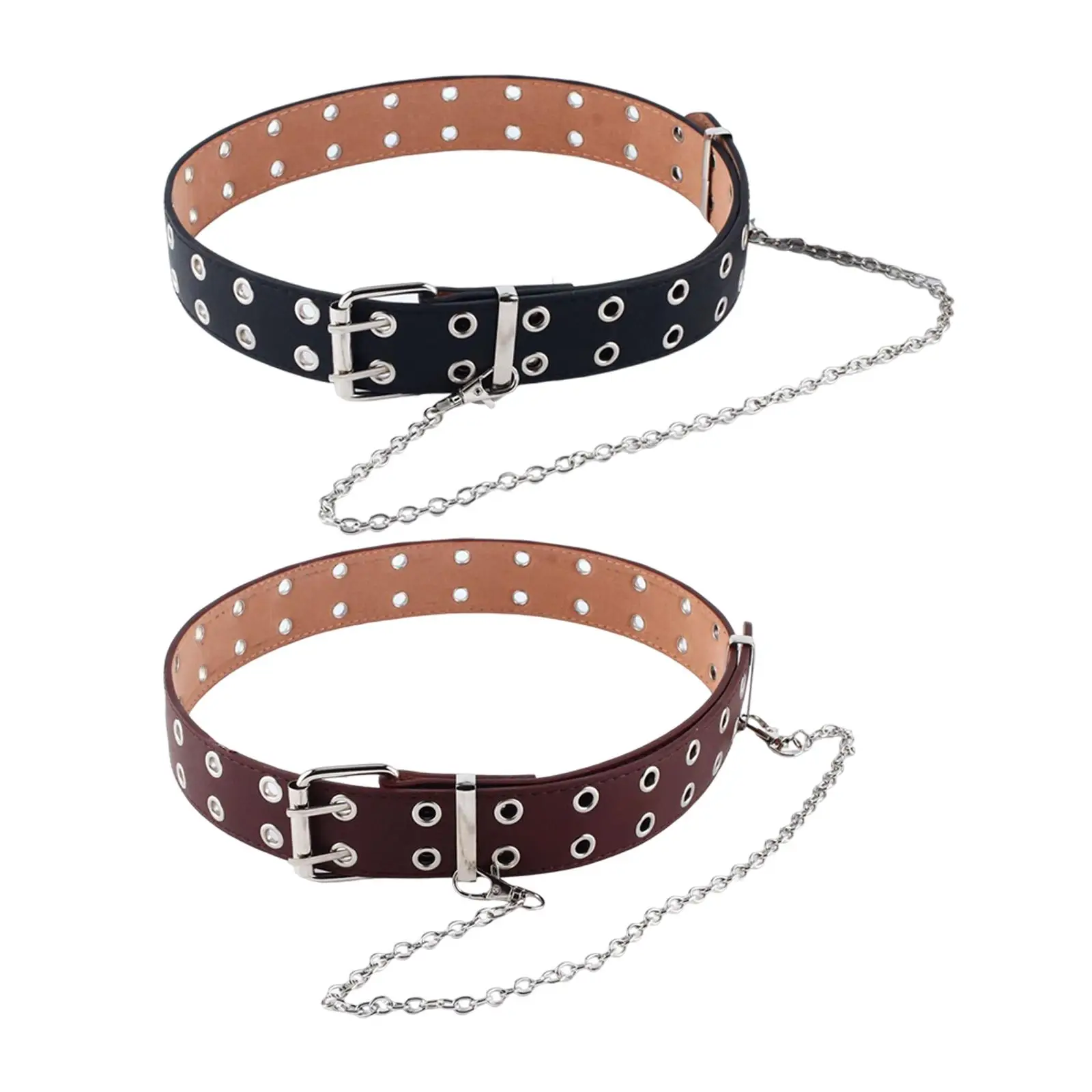 Belt Waist Strap Heavy Metal Double Row Hole with Chain Adjustable Buckle