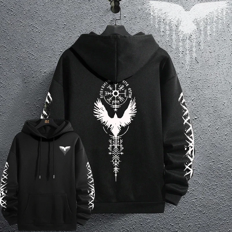 2025 nuevas sudaderas negras Otoño Invierno hombre diario Casual deportivo Sudadera con capucha para correr jersey con estampado de cuervo vikingo antiguo para hombre