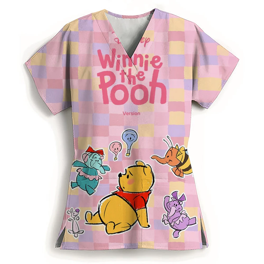Winnie the Pooh Clinic Hospital Nurse Workwear Teeth 3D Printing T-shirt Women's V-neck Pocket Medical Clothing Nursing Top Work