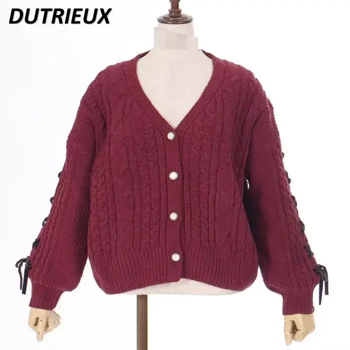 Morbido maglione con scollo a V a maniche lunghe con nastro Chenier Cardigan Autunno versatile tinta unita monopetto Giacca lavorata a maglia per ragazze dolci