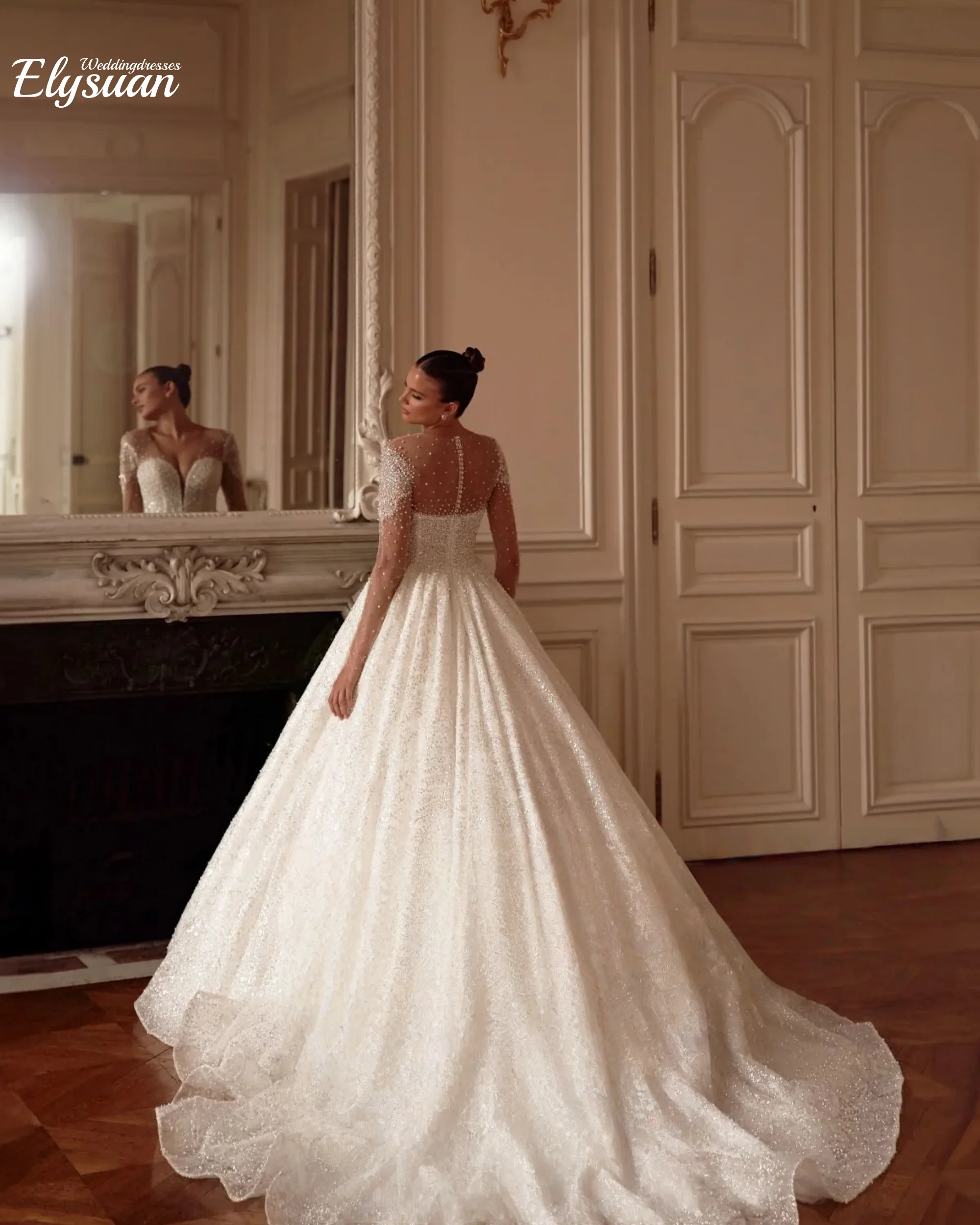 

Customized Graceful Wedding Dresses Beaded Embroidery Ball Gown Full Sleeve V-Neck Bridal Dress Back Button Vestido De Novia