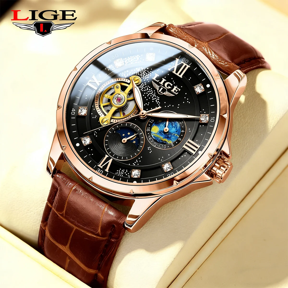 

LIGE Роскошные автоматические часы, модные водонепроницаемые кожаные мужские механические наручные часы, спортивные часы для дайвинга для мужчин, Relogio mecanico