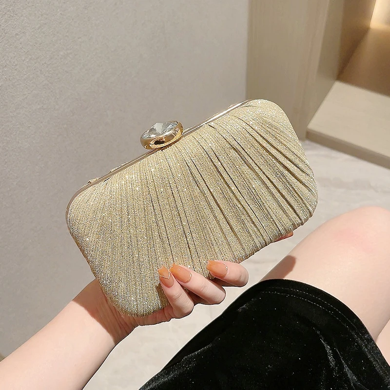 Pleated Gold Clutch Bag Chain Bag Formal Dinner Bag Sparkly Purse Engagement Wedding Dress Prom Party Potluck Bag