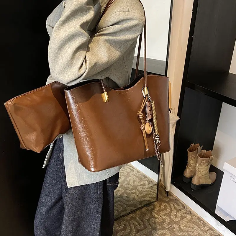 

JIAERDI Retro Minimalist Design Tote Bag Women Oil Wax Leather Large Capacity Shoulder Bag Ladies Maillard Style Fashion Handbag