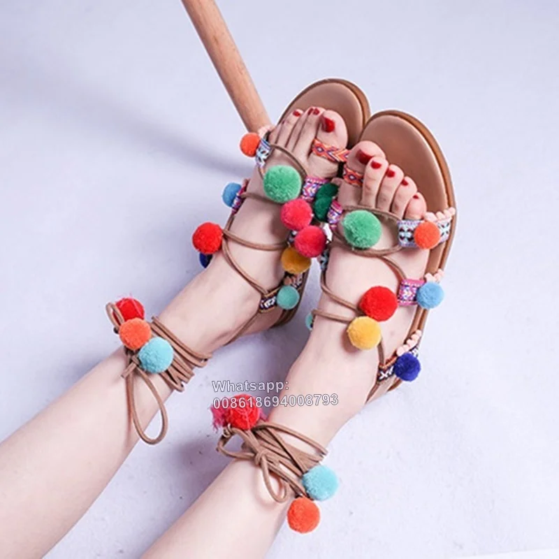 

Moriama Snc Mixed Color Lace Up Sandals Small Furry Ball Decor Flat With Shoes Summer Fashion Strappy Cross Tied Women Sandals