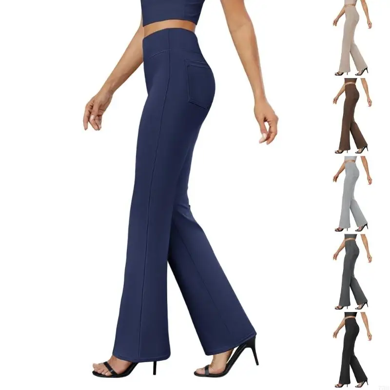 77HE レディース ブーツカット ドレスパンツ ビジネス カジュアル ワークパンツ ポケット付き ハイウエスト ストレッチ パンツ プルオン オフィス スラックス