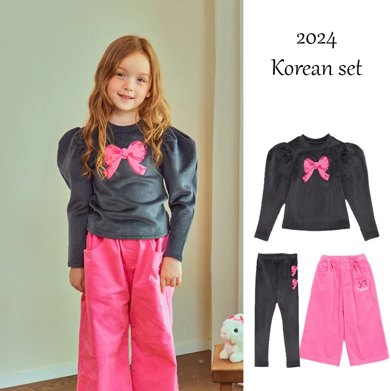 

Base Clothing Set BEBE2024 Autumn and Winter New Children's Cute Bow Korean Version of Top Pants Set Girls T-shirt Leggings Set