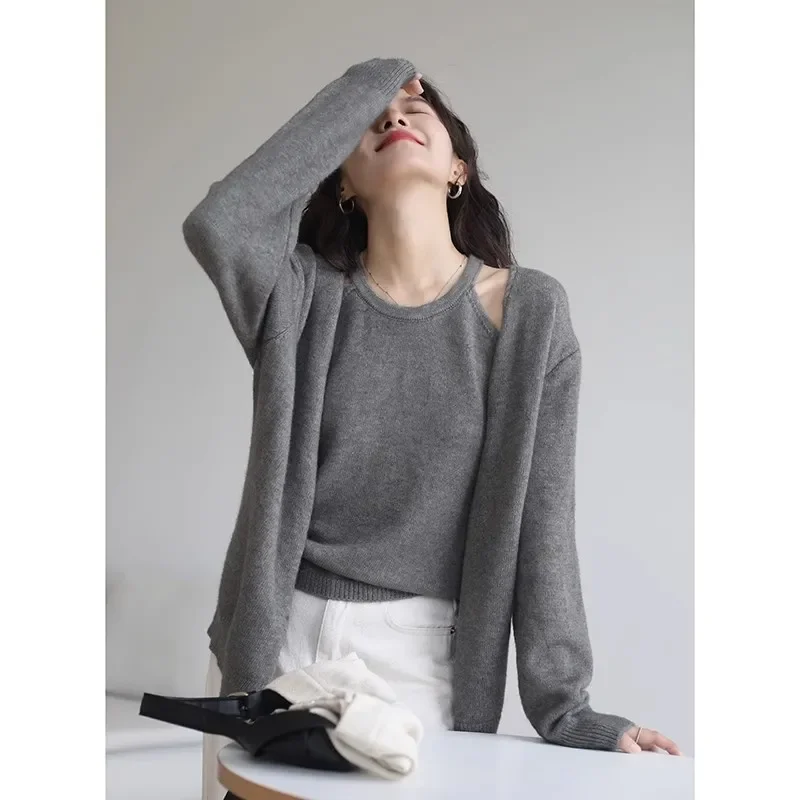 French Lazy Style Women Early Spring Soft Knit Cardigan Two Piece Set Shawl Tops Daily Casual Wear S-3XL