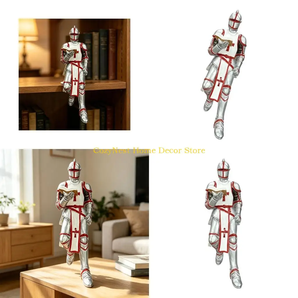 92MF Resins Medieval Knight Statue with Open Book, Standing Reading Figurine with Helmet, Shoulder Plates, and Gauntlets for