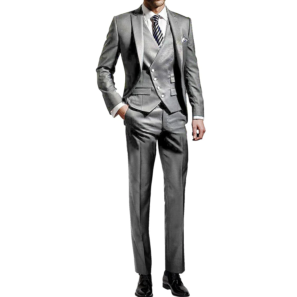 Men's Suit Prom Casual Regular Wedding Luxury Silver Single Terno Breasted Peaked Lapel Elegant Blazer Slim Fit Full Set 2024