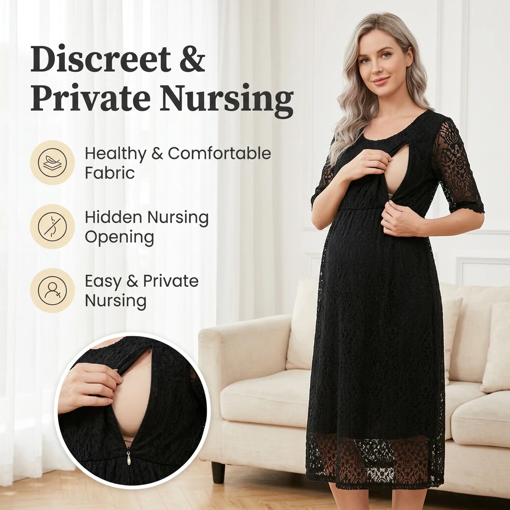 Elegant Lace Maternity Nursing Dress Half Sleeve Hidden Nursing Opening Dress Skin-friendly Lining Pregnant Women Party Dress