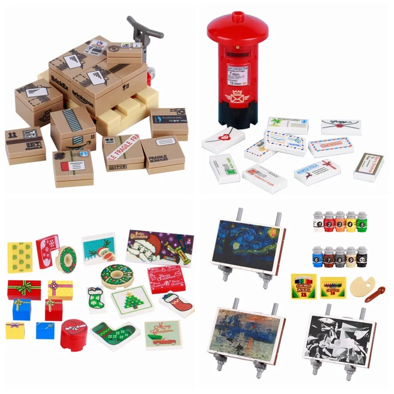 City MOC Street Views Postbox Express Package Gifts Box Sign Prints Parts Accessories Building Blocks Toys for Children Kids 