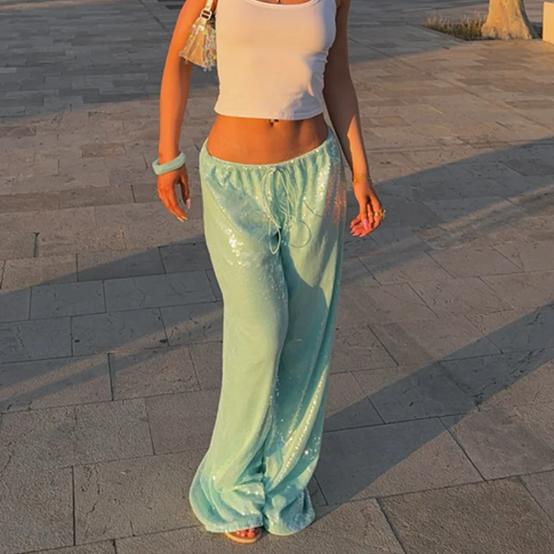 

Fashion Sequined Pants Women Solid Loose Drawstring Wide Straight Party Club Trousers 2025 Spring Summer Chic Streetwears Lady
