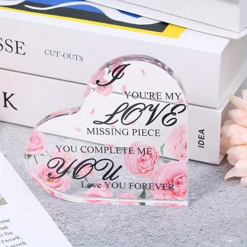 Heart‑Shaped Acrylic Plaque Romantic Love Quote Rose Keepsake Gift,You Complete Me Love Sentimental Acrylic Desktop Decor For Lover