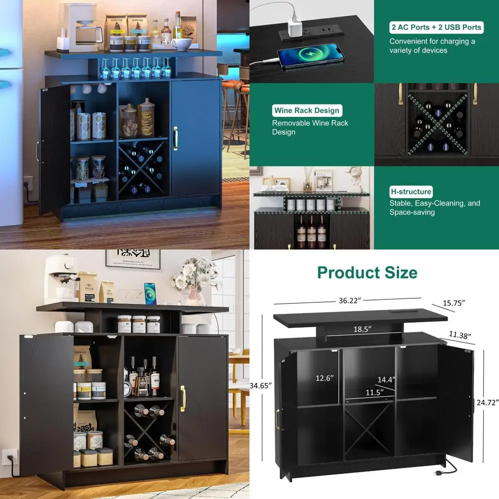 LED-Illuminated Coffee Bar Cabinet with Power Outlet, Storage, and Removable Shelves for Wine Enthusiasts