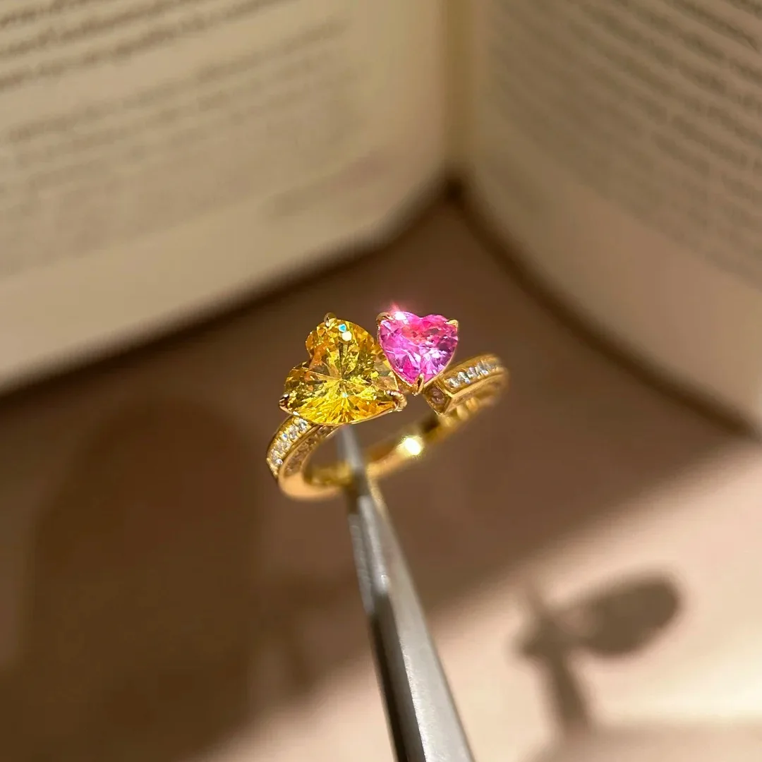S925 sterling silver ring retro double love gold yellow diamond red corundum ring light luxury stacked ring
