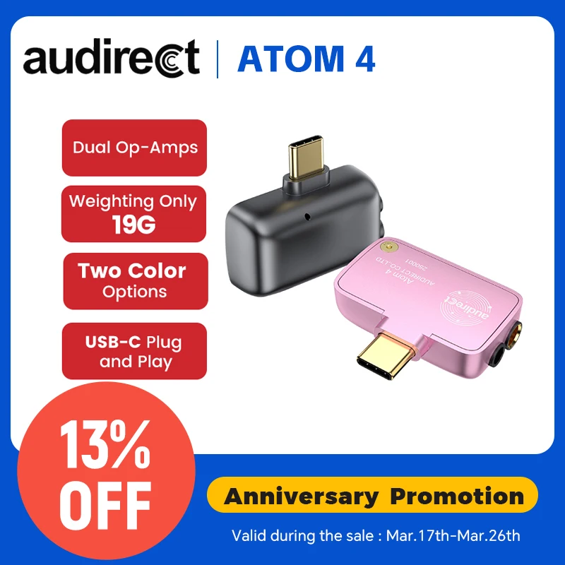 

Audirect Atom 4 Portable Audio DAC/Amp ESS9281AC Pro Decoding chip Op-amp RT6863C*2 with 3.5mm 4.4mm Outputs Decoder Amplifier