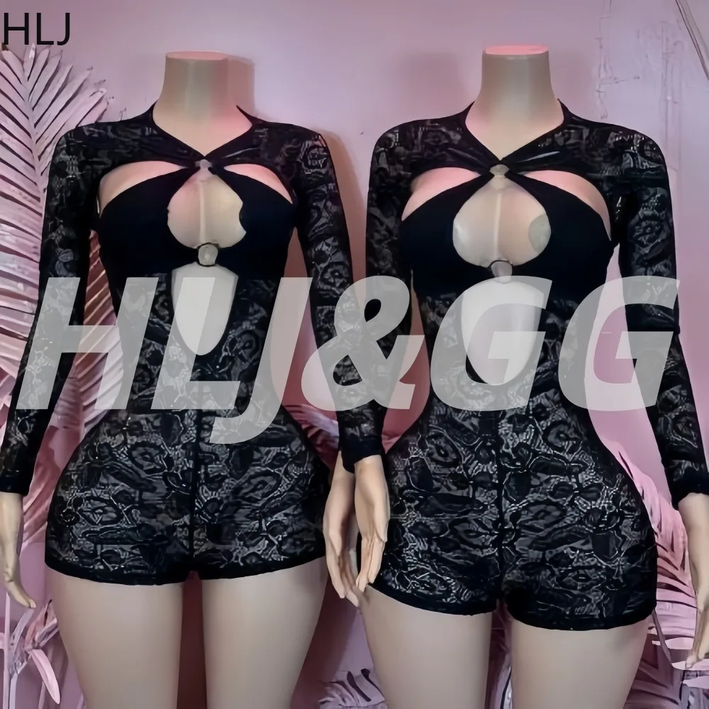 

HLJ Sexy Lace Patchwork Bodycon Rompers Woman Black Hollow Out Long Sleeves One Piece Jumpsuits Female Party Clubwear Overalls