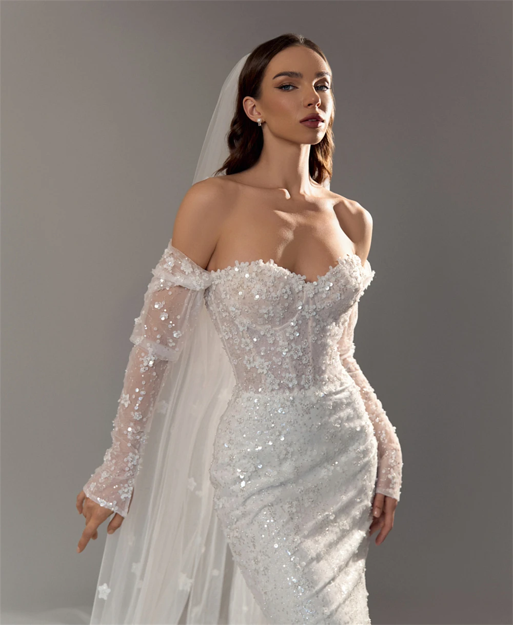 맞춤형 오프숄더 스팽글 머메이드 웨딩드레스 긴팔 신부 드레스 플로럴 베일 화려한 웨딩 가운