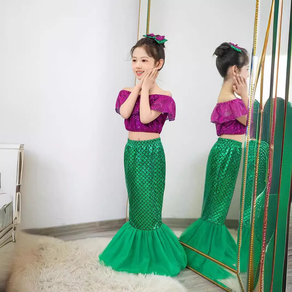 Disney putri duyung Ariel gaun Anak Halloween putri Cosplay ikan peri gadis pesta ulang tahun pakaian Set hadiah dengan klip 2-8 tahun