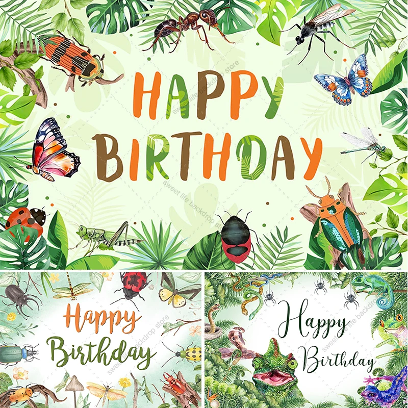 Pano de fundo de aniversário com tema de insetos, cenário de aniversário infantil, folhas verdes tropicais, decoração de festa, adereços para fotos