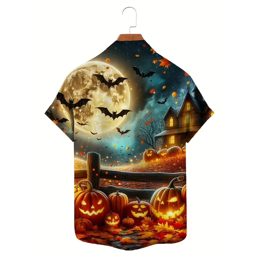Festival Street Horror Pumpkin Graphic Shirt Halloween Party Casual Fashion Trendy Tops Unisex Breathable Lapel Buttons Blouse