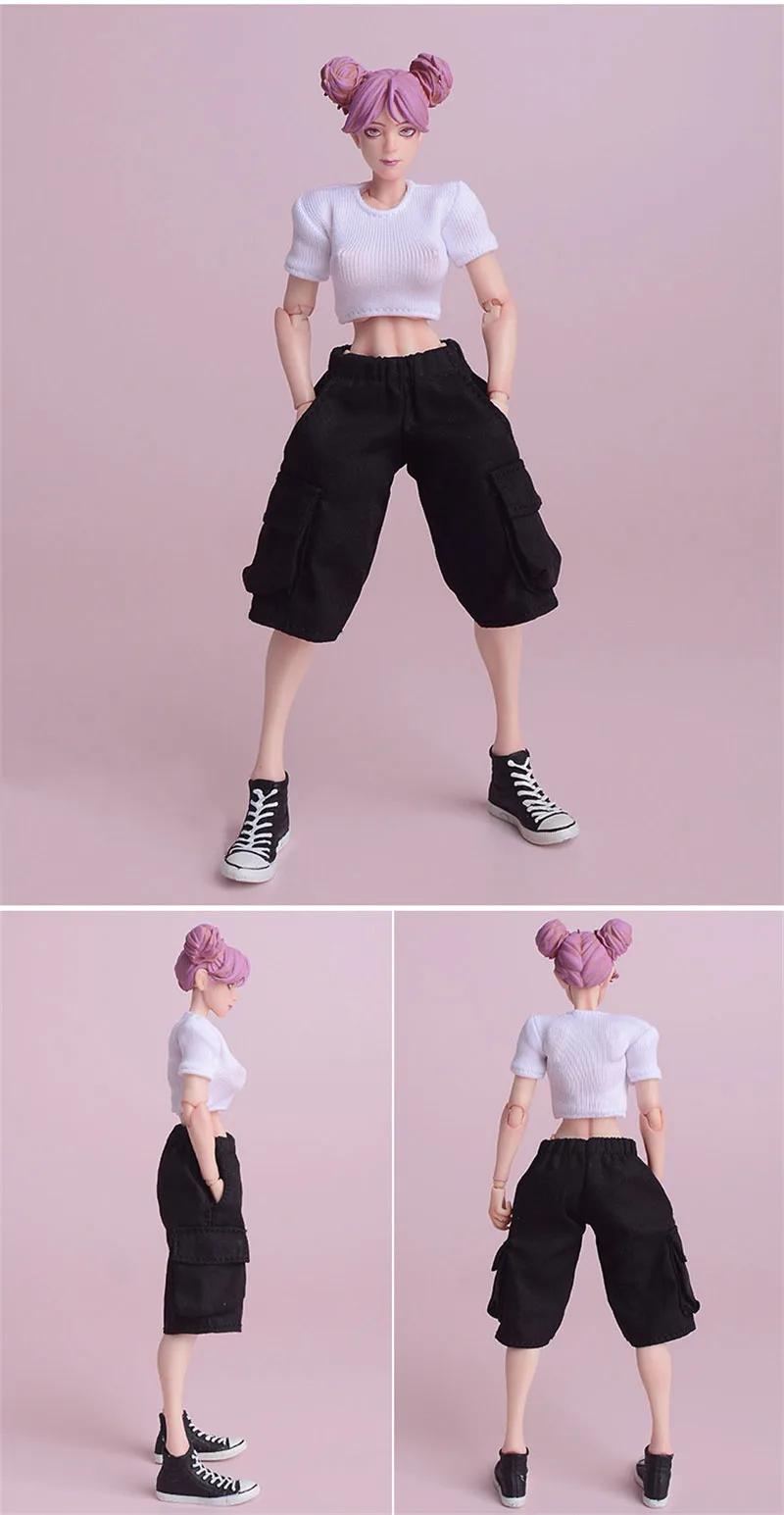 1/12 Scale Female Casual Slim Shorts Sleeves T-shirt Cargo Mid Pants for 6-inch Action Figure Gynoid Romankey Body Model Toys