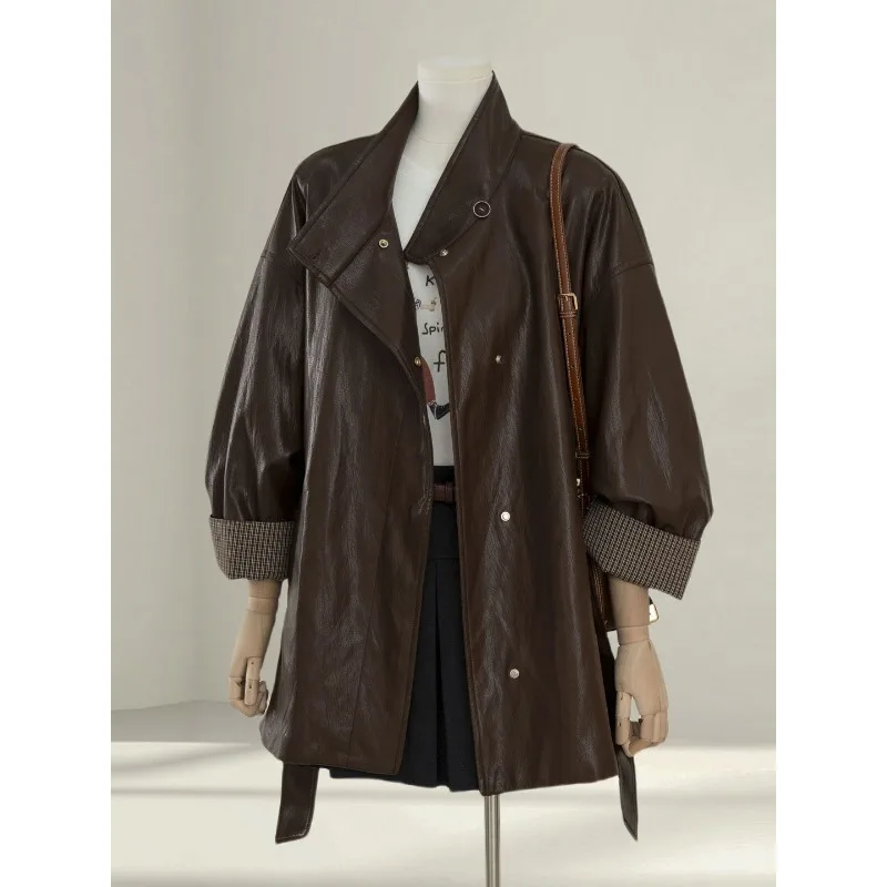 高級コーヒーブラウンレザージャケット レディース 春秋シーズン新作 ルーズフィット 細見え タイフロント エレガントPUレザージャケットトップ