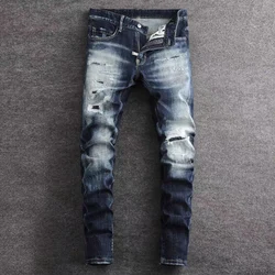 Pantalones vaqueros elásticos para hombre, jeans rasgados de diseño retro, jeans azules, pantalones de marca de hip-hop, moda, nuevo