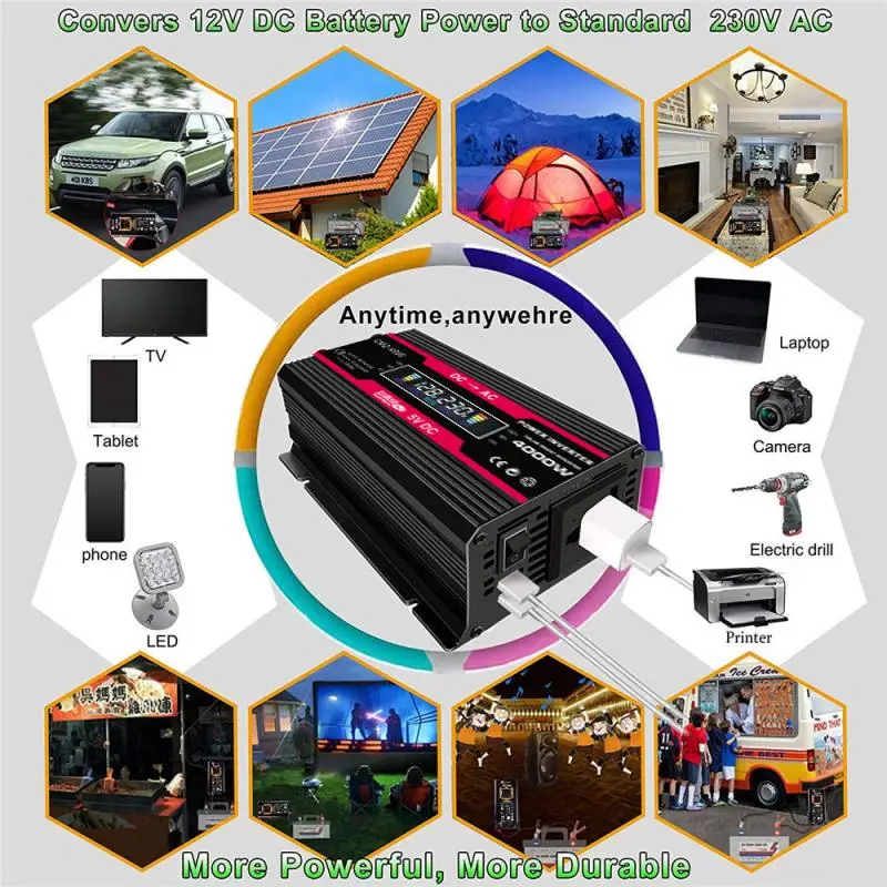 Kit Sistem Panel Surya Inverter Daya Mobil 4000W 12V Hingga 110V 220V dengan Pengubah Tegangan Tampilan LED Gelombang Sinus Termodifikasi