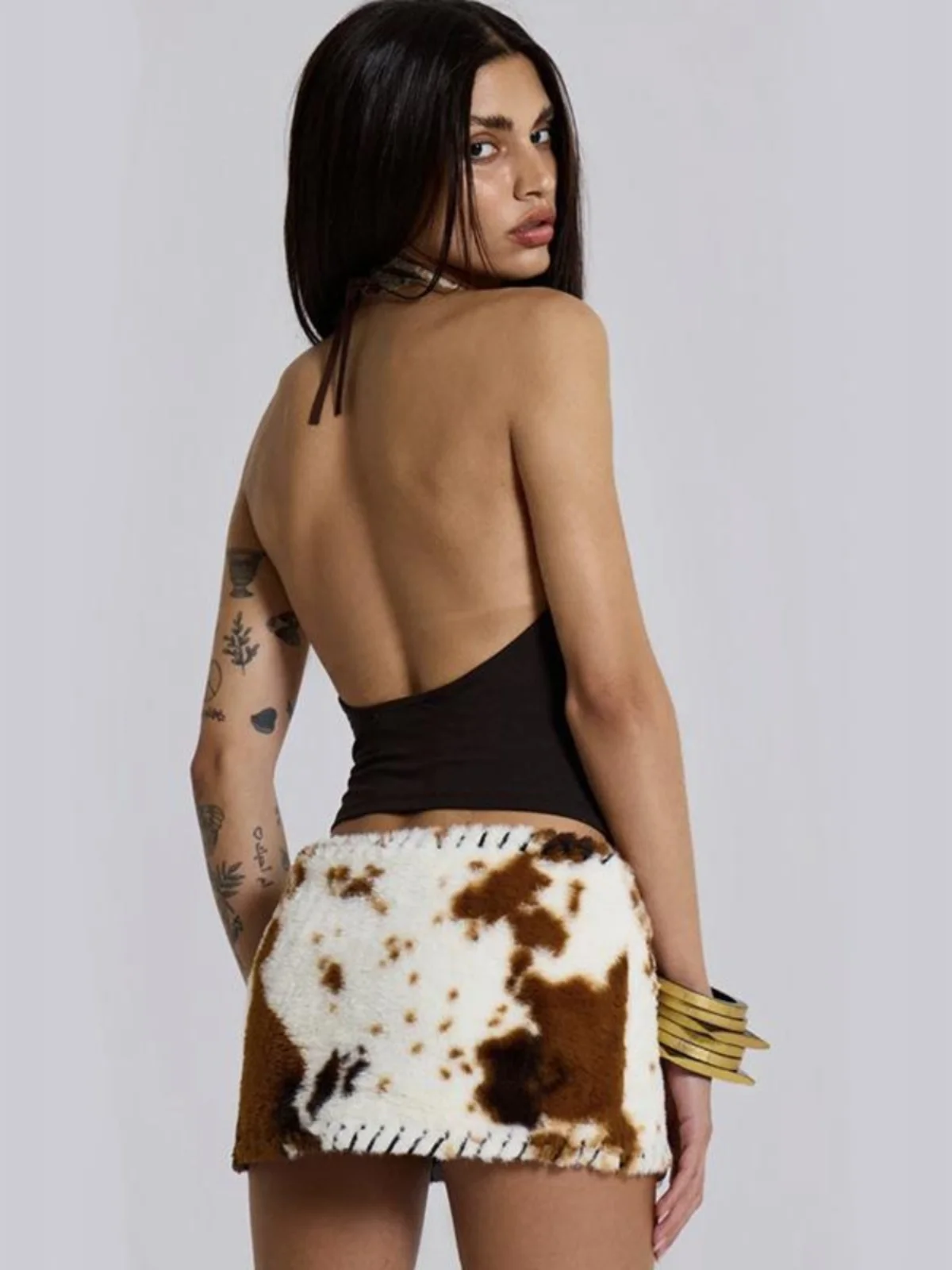 Retro Y2K Spicy Girl Millennium Early Cow Pattern Camere Belted Slim Low Waist Bodycon  Skirt Women's Casual Faion