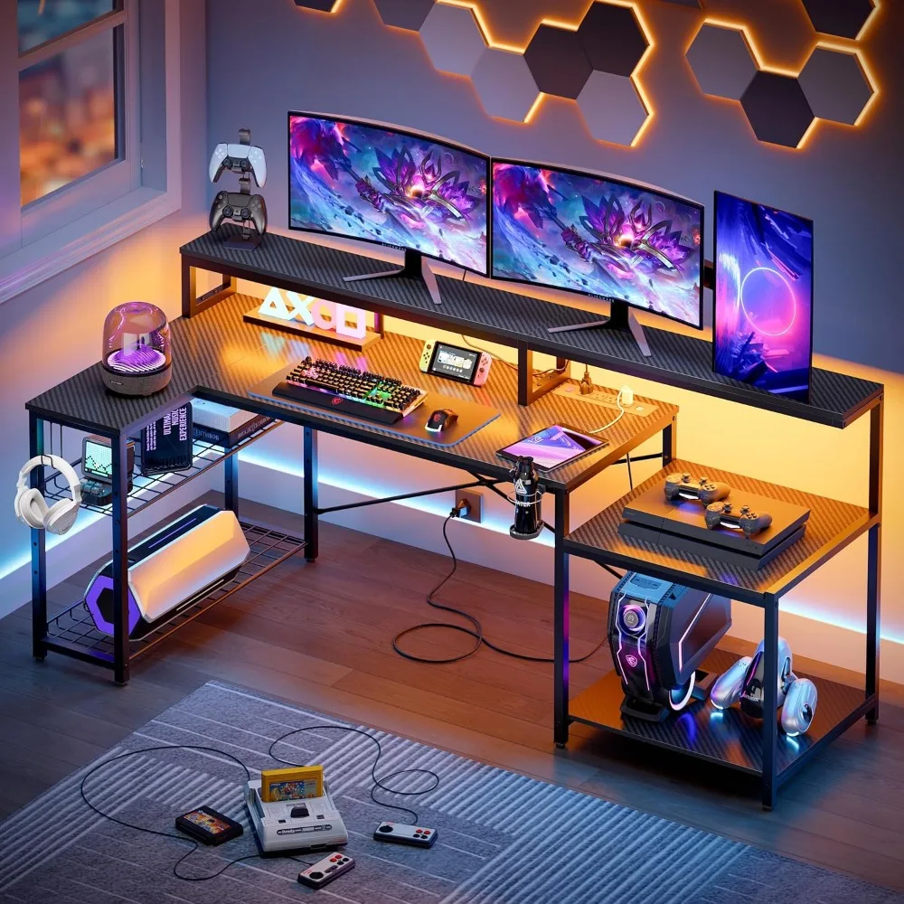 

Gaming Desk with Power Outlets, 71.5 LED Computer Desk with Long Monitor Stand, Large L Shaped Corner Desk with Storage Shelf