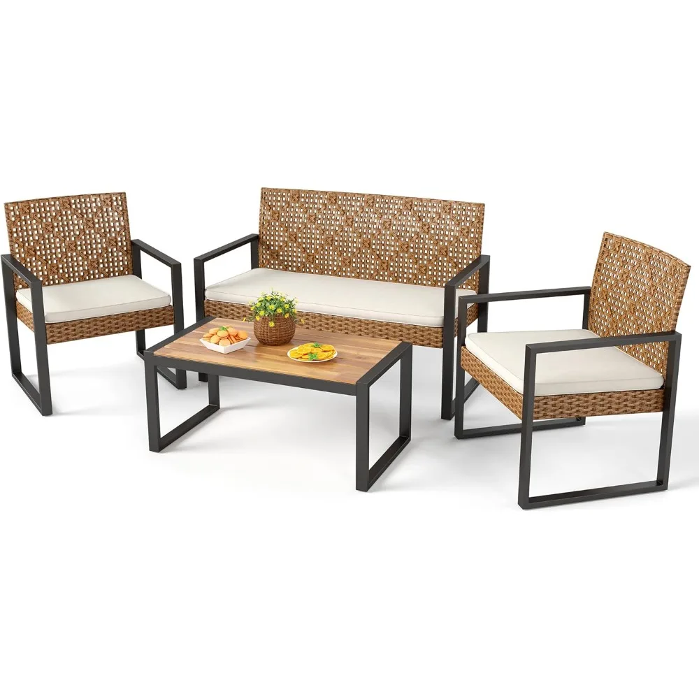 

Wicker Patio Furniture Set for 4, Rattan Loveseat & Chairs with Beige Cushions & Acacia Wood Coffee Table, Outdoor Mod
